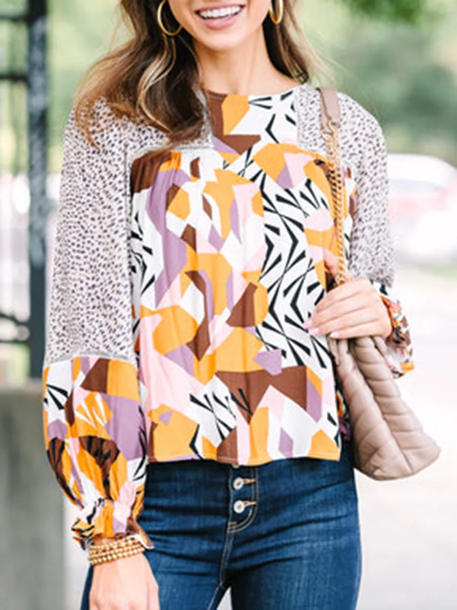 Taupe mixed print long-sleeve shirt