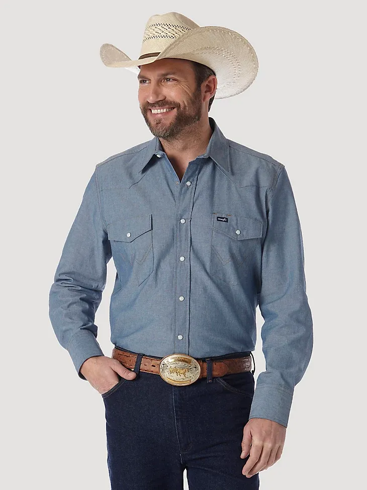 COWBOY CUT® FIRM FINISH LONG SLEEVE WESTERN SNAP SOLID WORK SHIRT IN CHAMBRAY BLUE