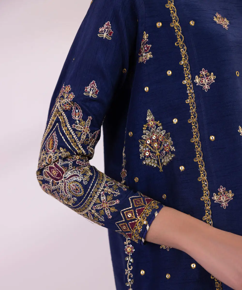 3 Piece - Embroidered Raw Silk Suit