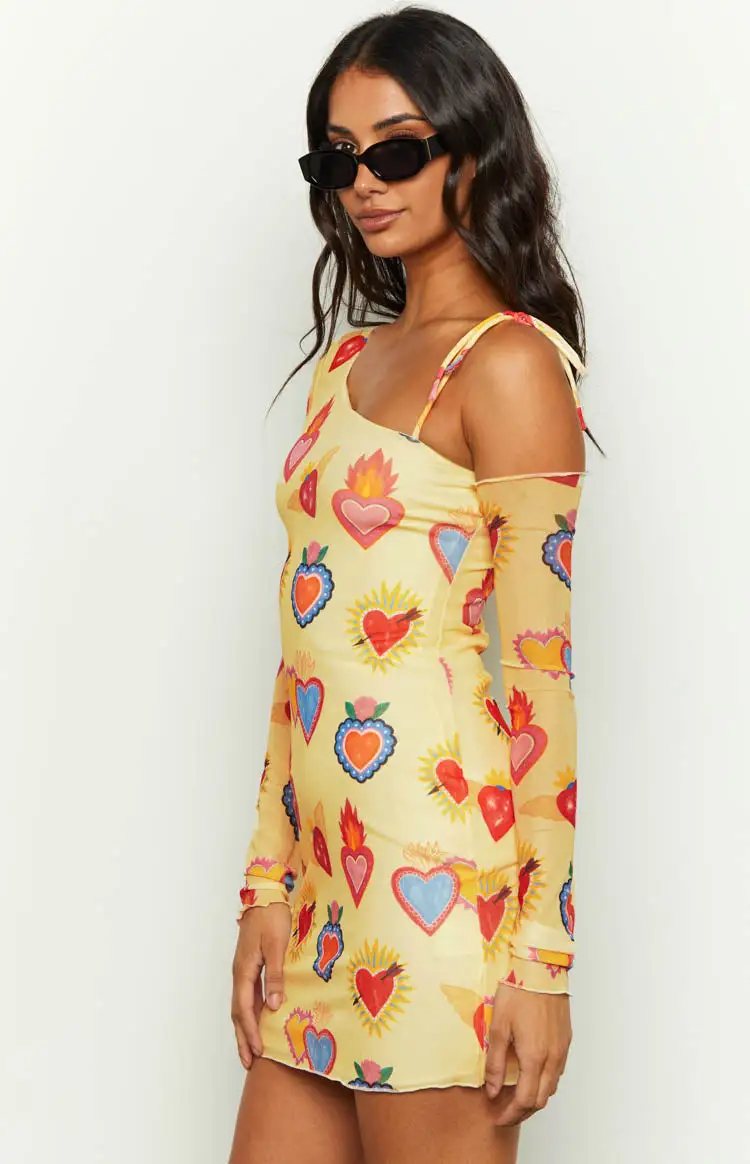 Wild At Heart Yellow Printed Mesh Long Sleeve Mini Dress