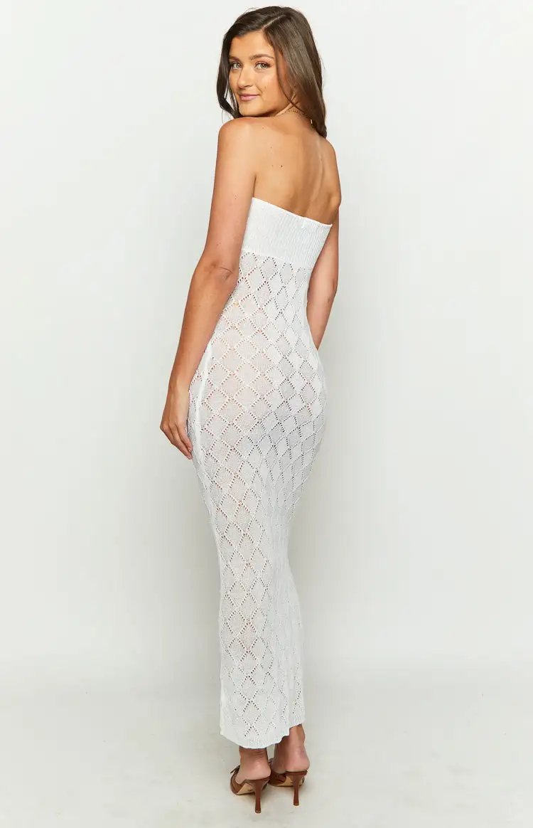 Halina White Knit Strapless Maxi Dress