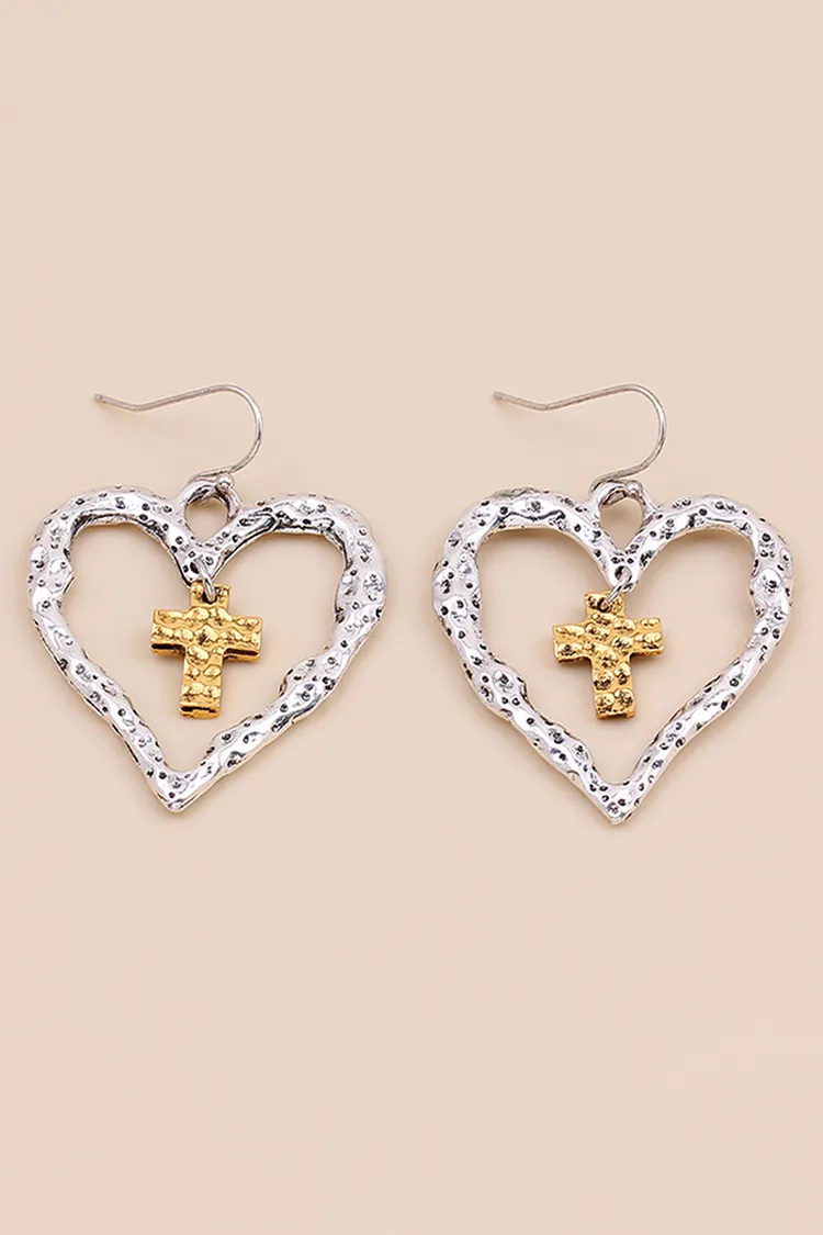 Vintage Cutout Heart Cross Earrings