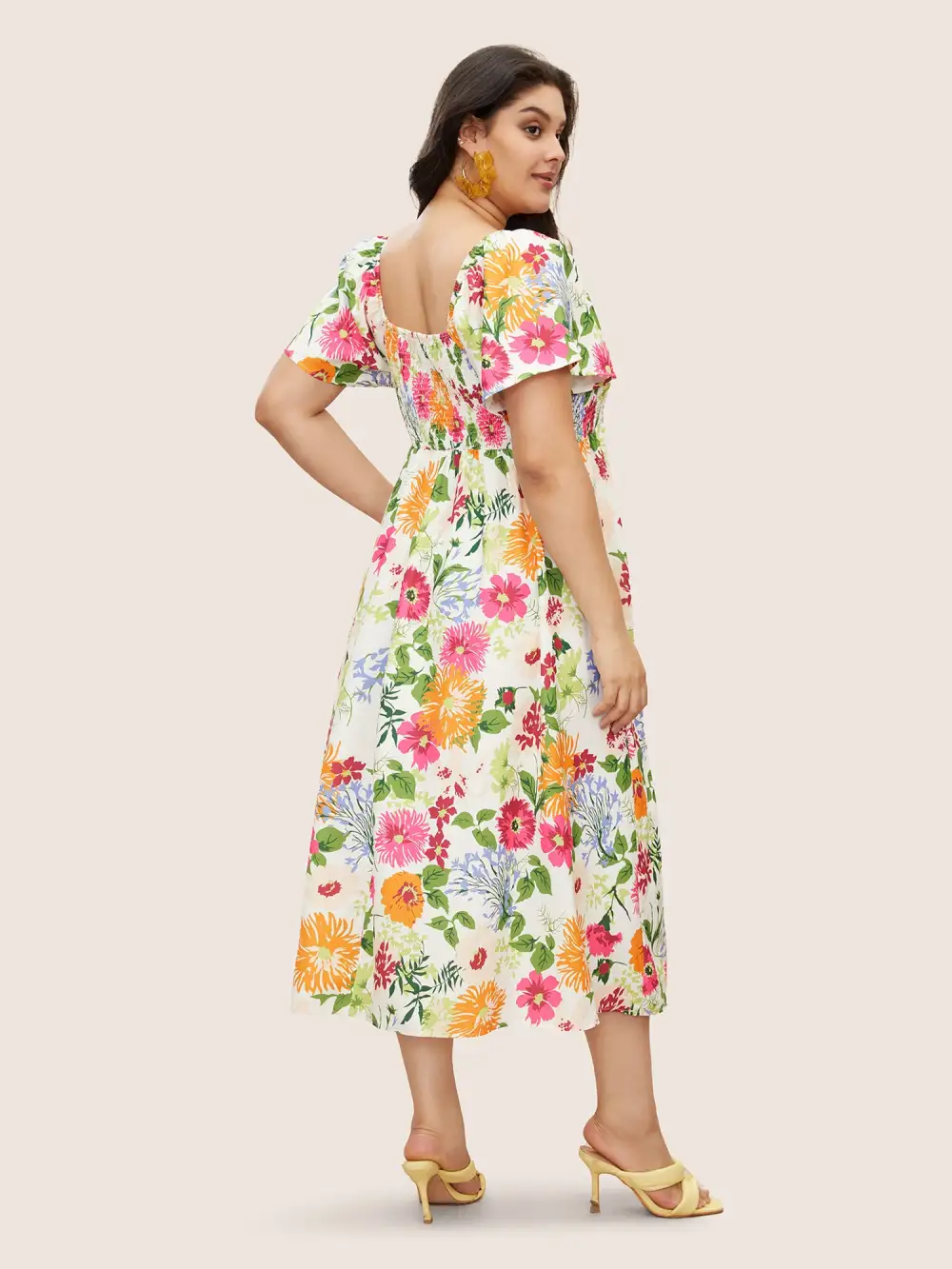 Floral Backless Shirred Square Neck Pocket Ruffle Hem Dress