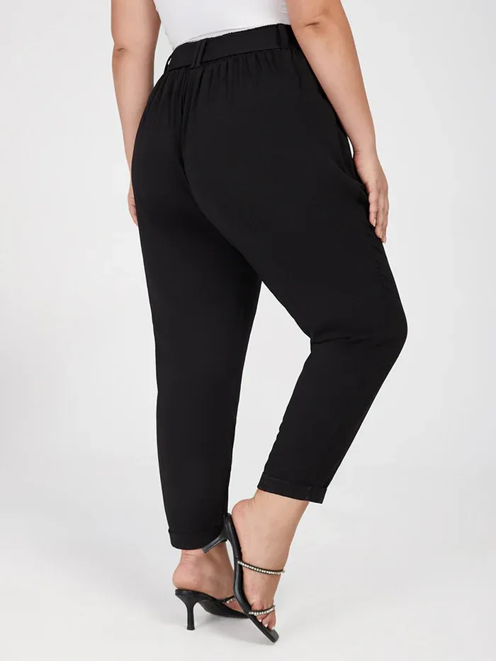 Plus Black Solid Tie Elastic Waist Pants