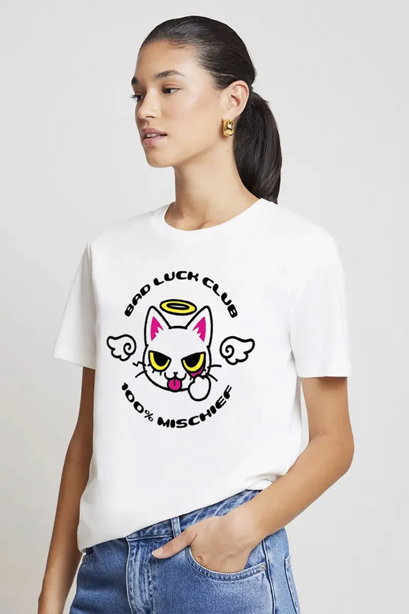 Women's Cartoon Cat Letter Printed T-shirt