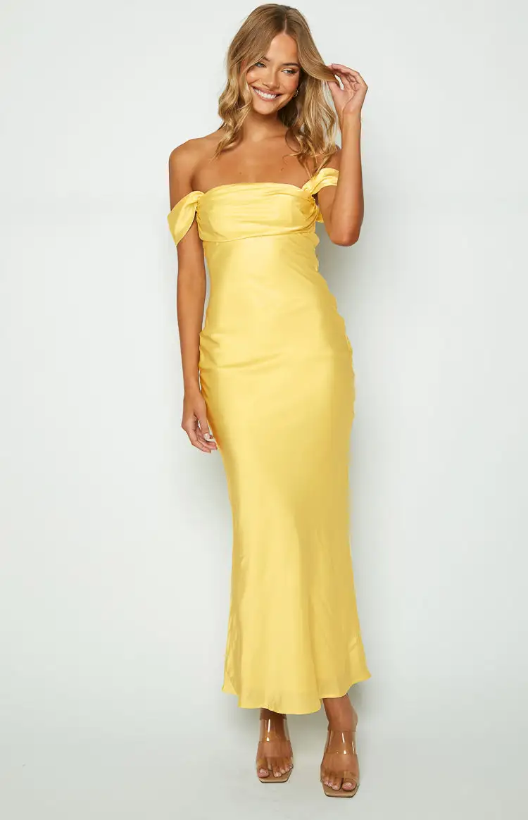 Ella Light Yellow Off Shoulder Formal Maxi Dress