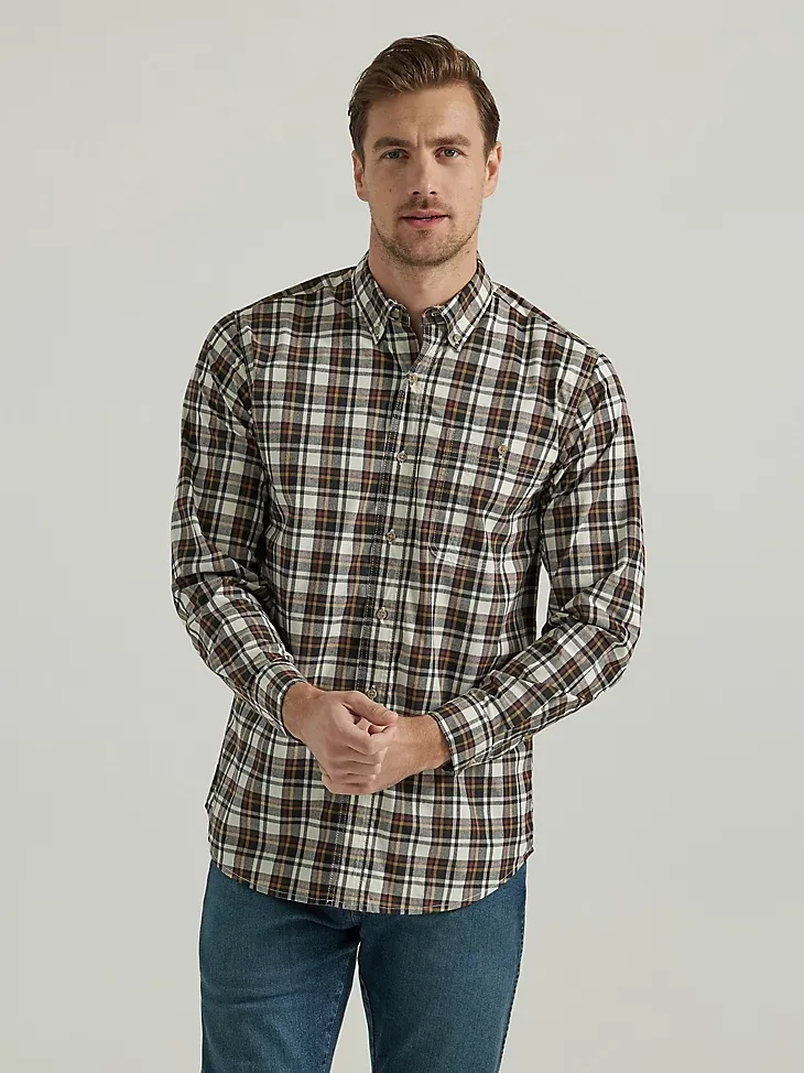 WRANGLER RUGGED WEAR® LONG SLEEVE WRINKLE RESIST PLAID BUTTON-DOWN SHIRT IN TEAL NAVY