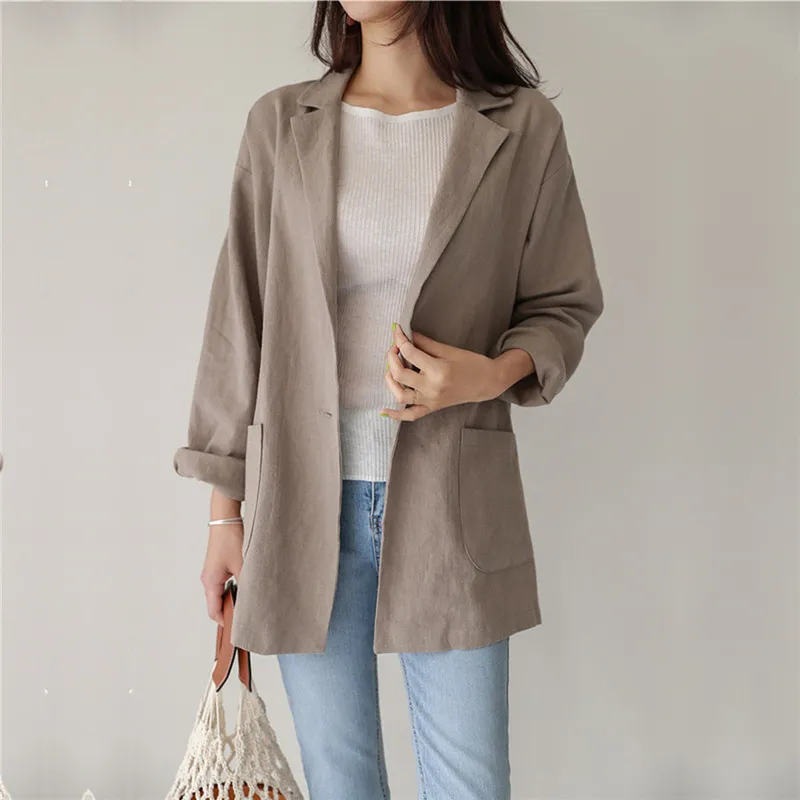 One Button Vintage Cotton Linen Thin Blazer