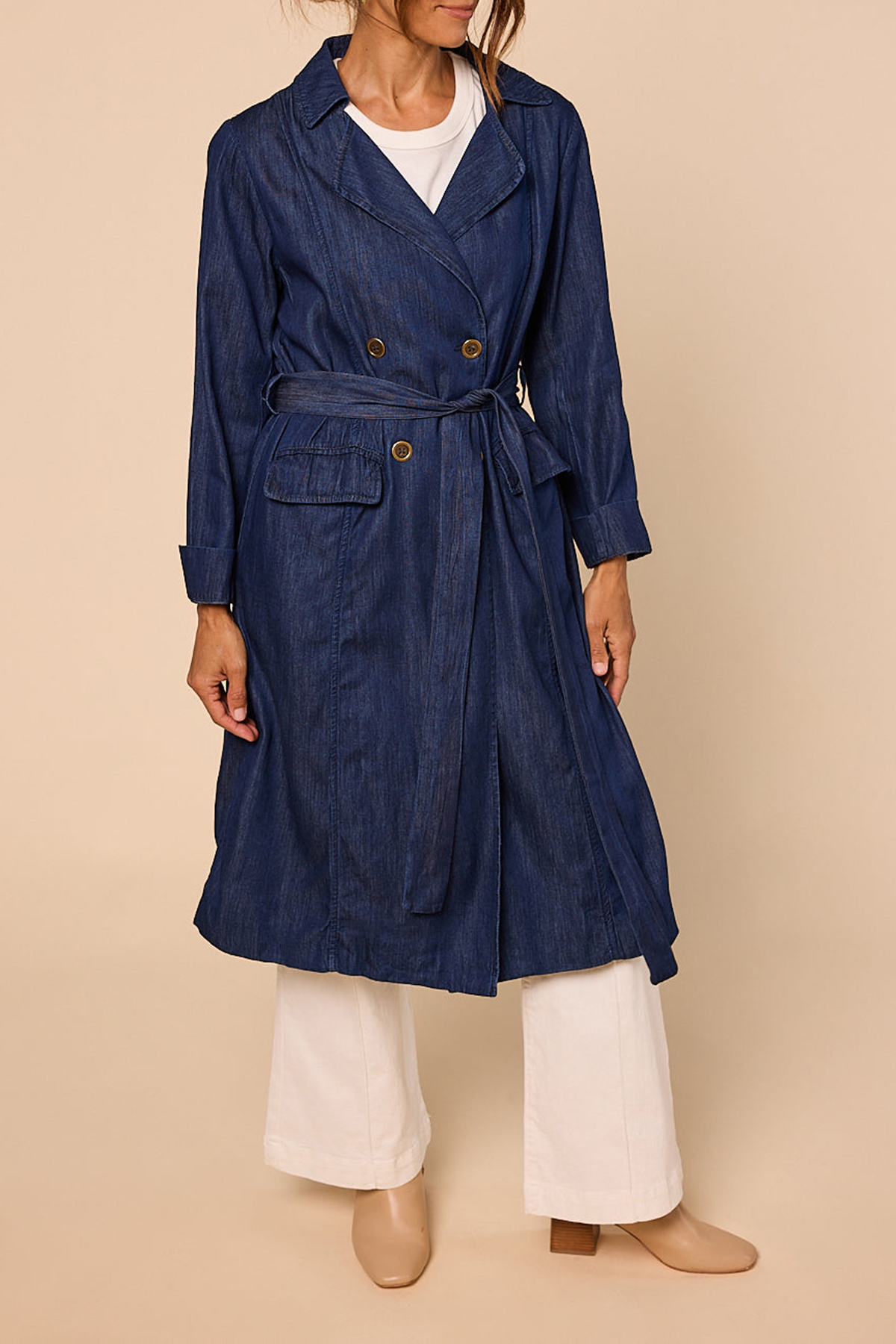 Avalee Long Line Tencel Trench Coat In Dark Wash