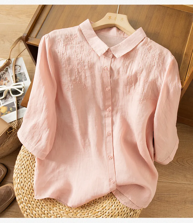 Embroidered Lapel Art Retro Casual Shirt