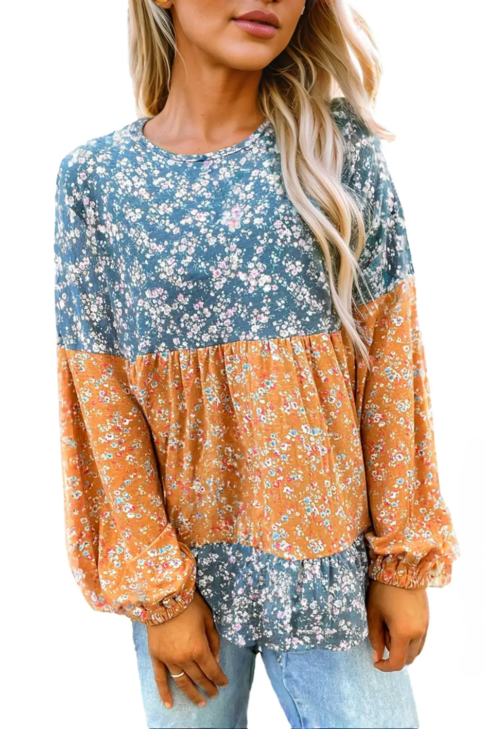 Orange Ditsy Floral Color Block Ruffle Hem Long Sleeve Top