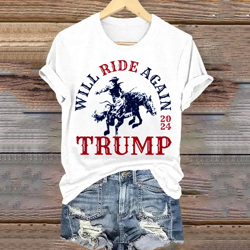 Women's Country Western Trump Cowboy Will Ride Again Maga 2024 Print T-Shirt