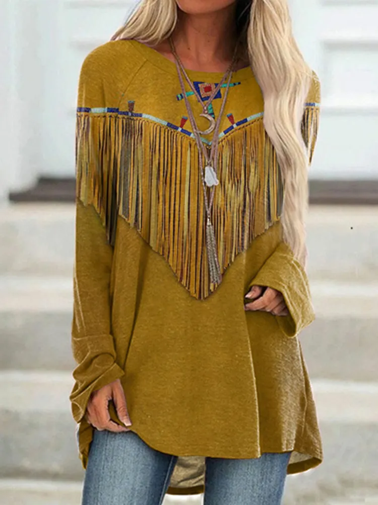 Western Fringe Print Long Sleeve Tunic