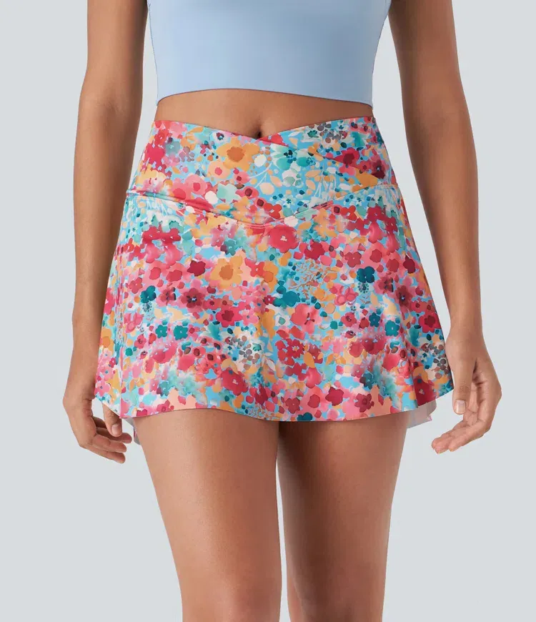 Crossover 2-in-1 Side Pocket Floral Print Pickleball Skirt