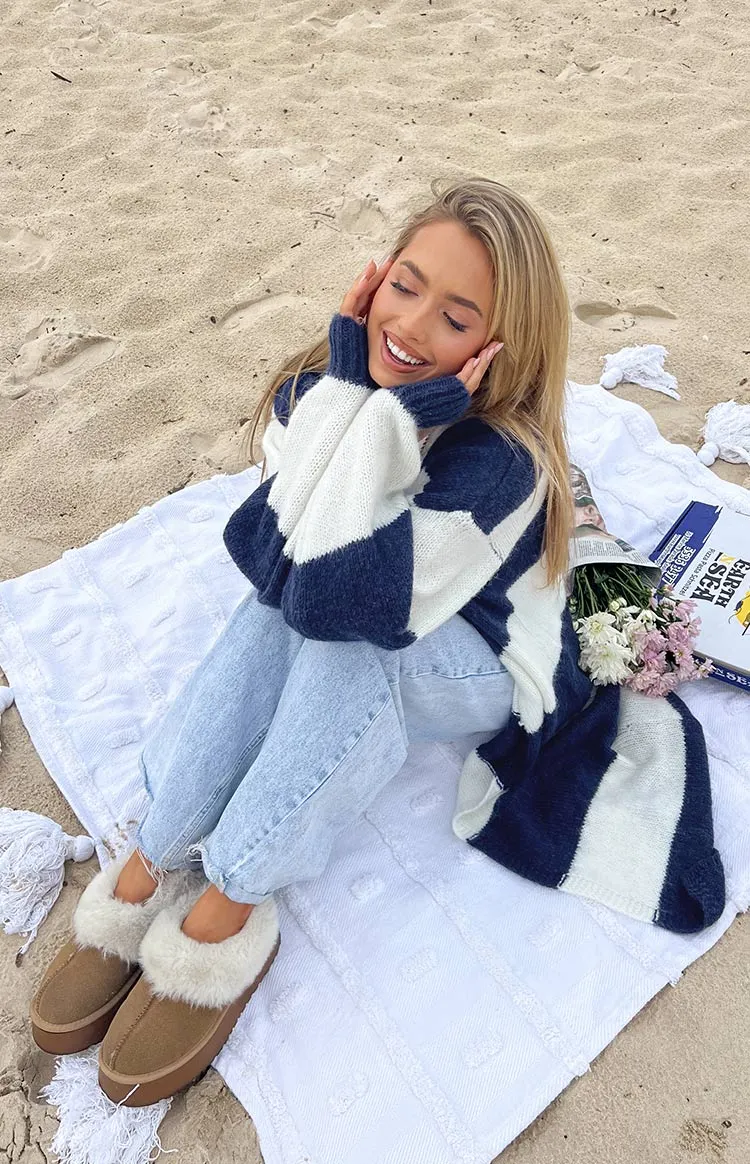 Thaddeus Blue And White Striped Knit Cardigan