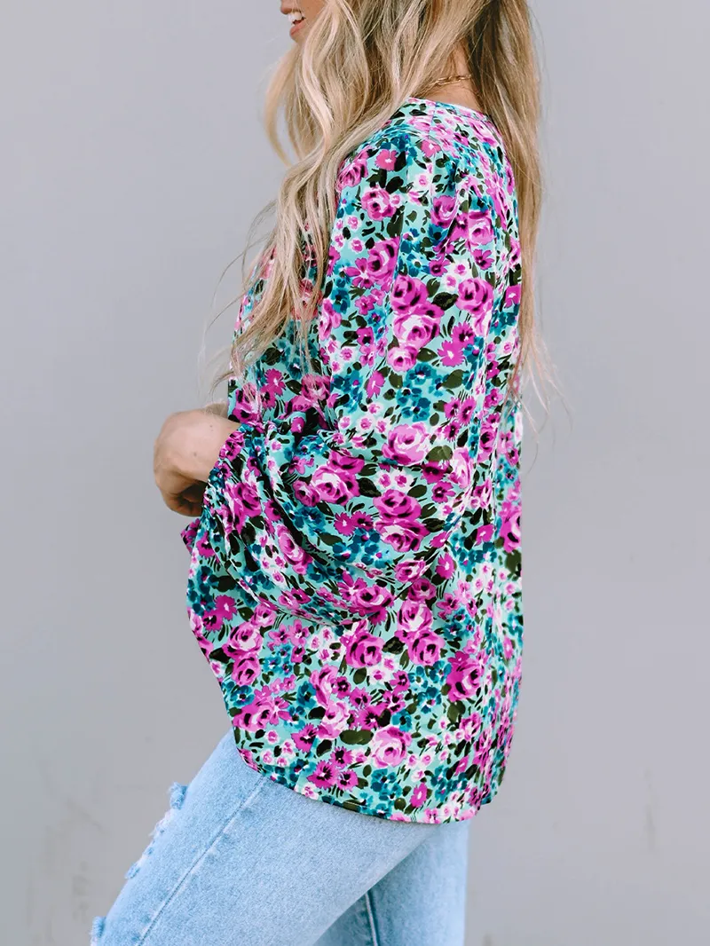 BOHO FLORAL PRINT V-NECK LONG SLEEVE BLOUSE