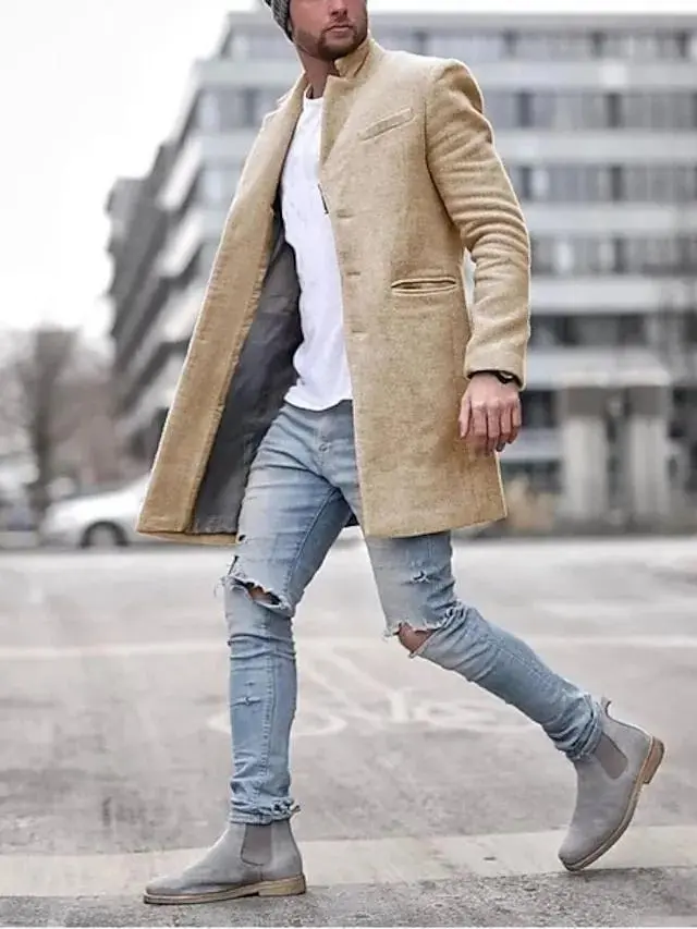 Men's Winter Coat Overcoat Trench Coat Short Coat Overcoat Work Business Winter Polyester Warm Outerwear Clothing Apparel Solid Colored Classic Style Notch lapel collar