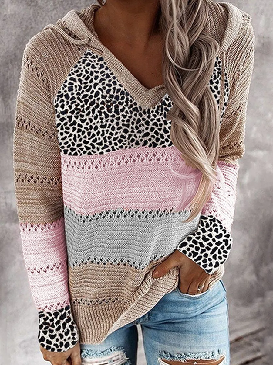 Fashion Hooded Leopard Stitched Knit Sweater