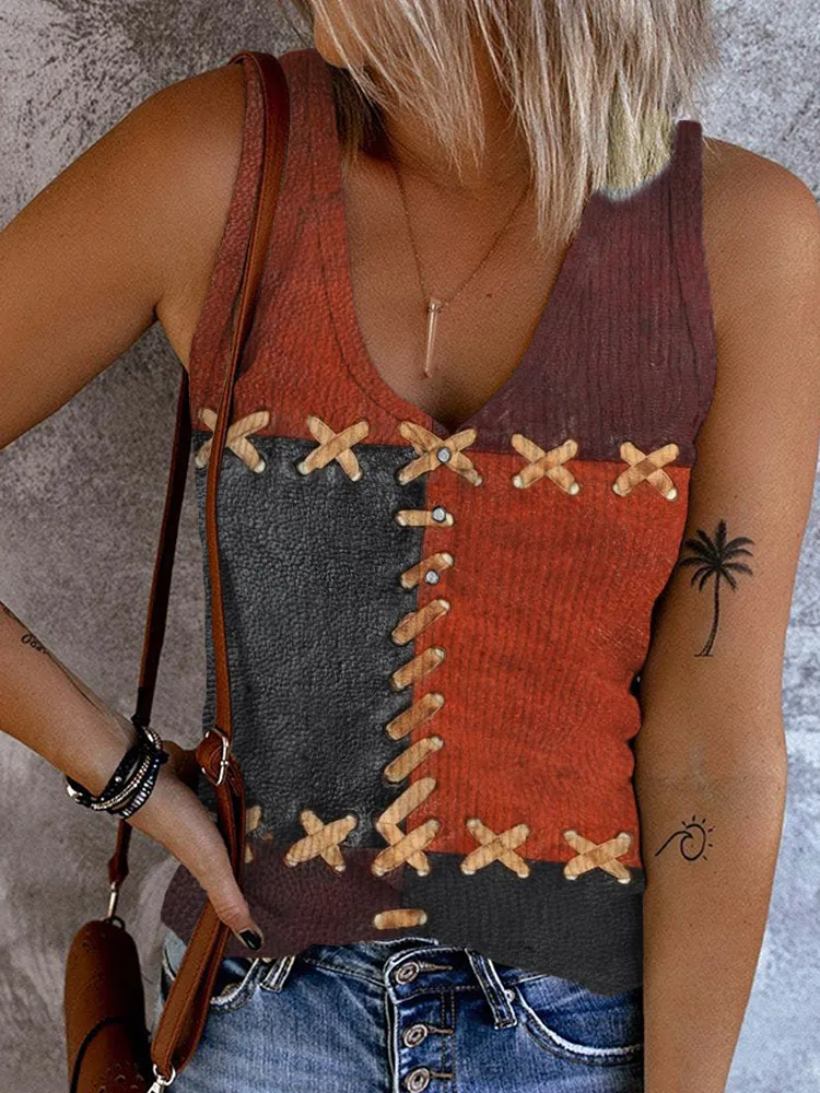 Western Vintage Leather Patchwork Art V Neck Tank Top