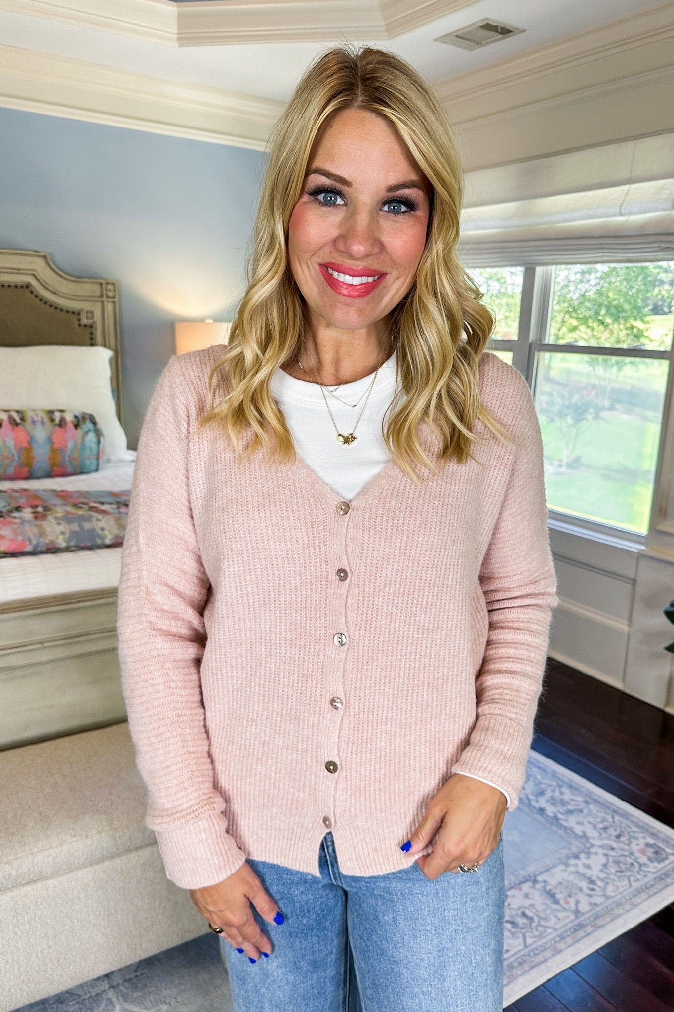 V-Neck Button Down Knit Sweater in Blush