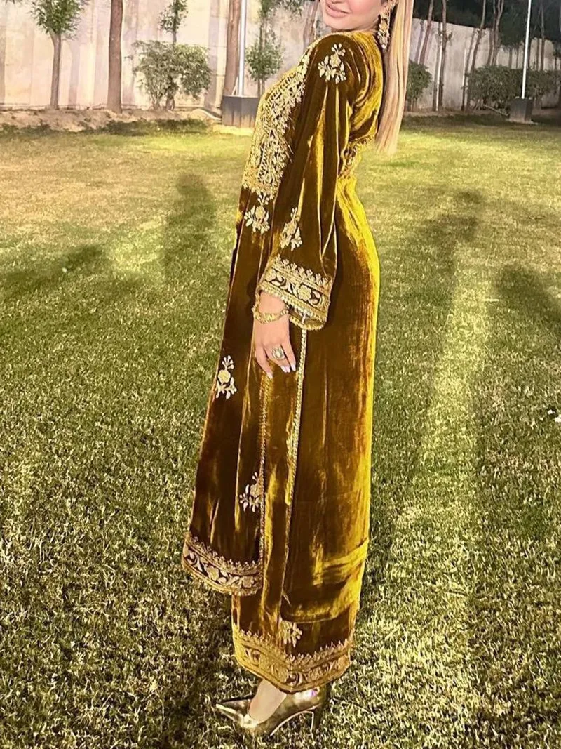 Elegant yellow square-neck embroidered velvet two-piece set