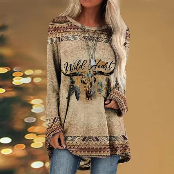 Printed Round Neck Western Style Raglan Sleeve Loose Tunic