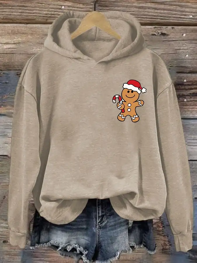 Women's Christmas Gingerbread Man Print Casual Hooded