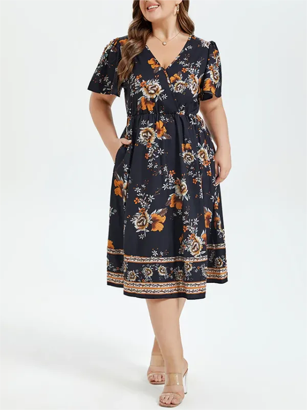 Floral Print V-Neck Butterfly Sleeve Elastic Waist Midi Dress