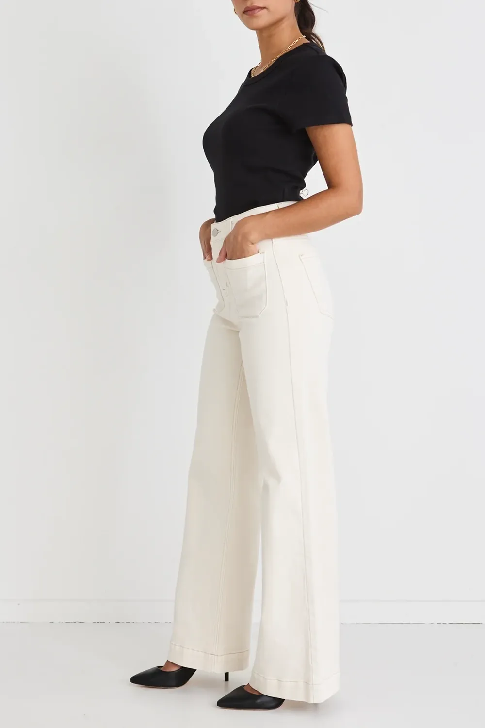 Zoey Ecru High Rise Wide Leg Pocket Jean