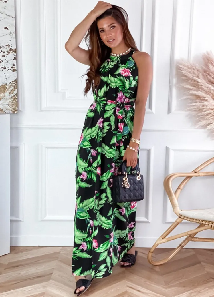 Women Summer Printed Romantic O-Neck Sleeveless Floral Print Beach Maxi Dress