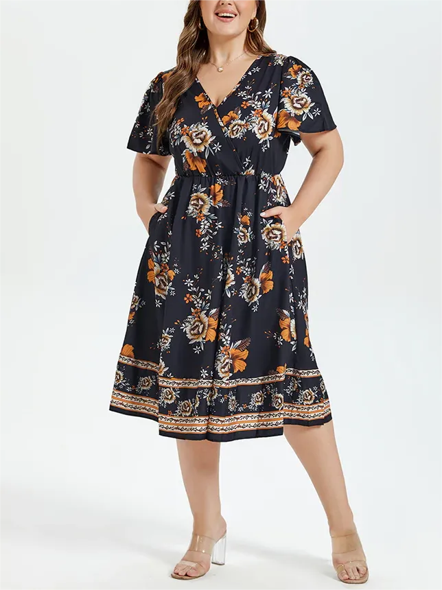 Floral Print V-Neck Butterfly Sleeve Elastic Waist Midi Dress