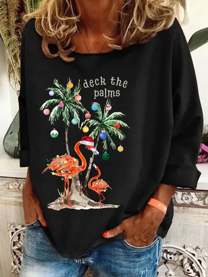 Women's Christmas Deck The Palms Print Casual Sweatshirt