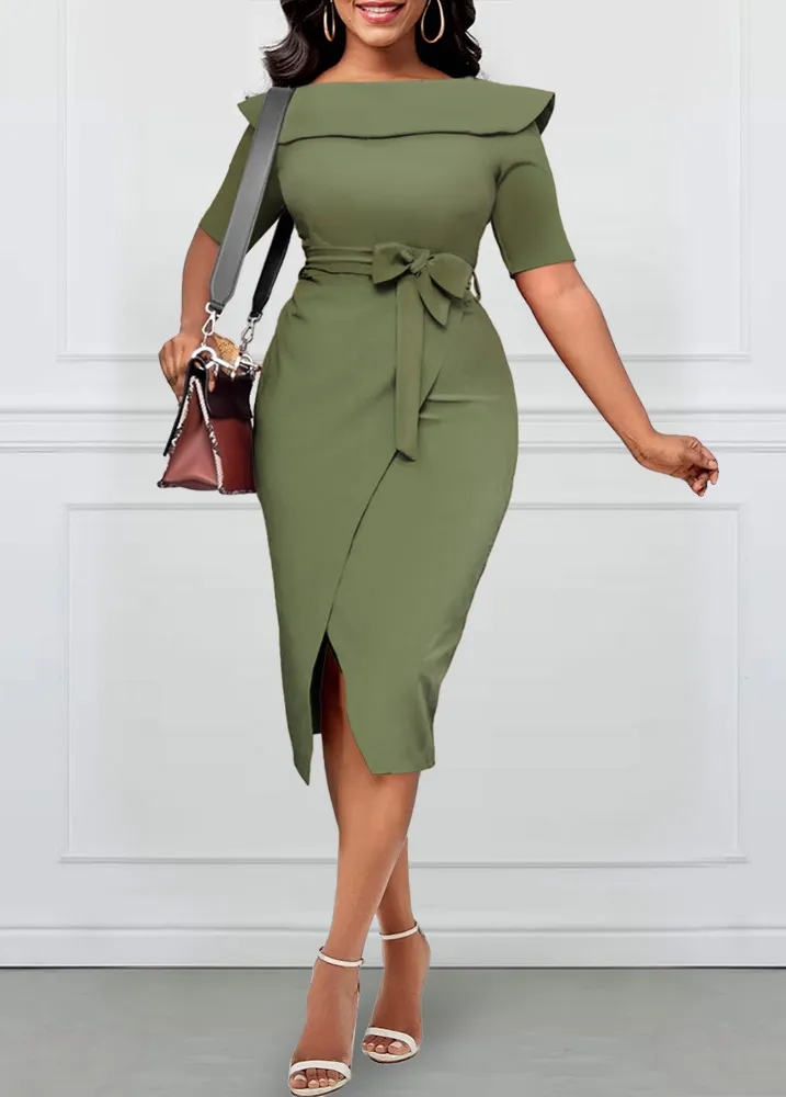 Belted Sage Green Sailor Collar Bodycon Dress