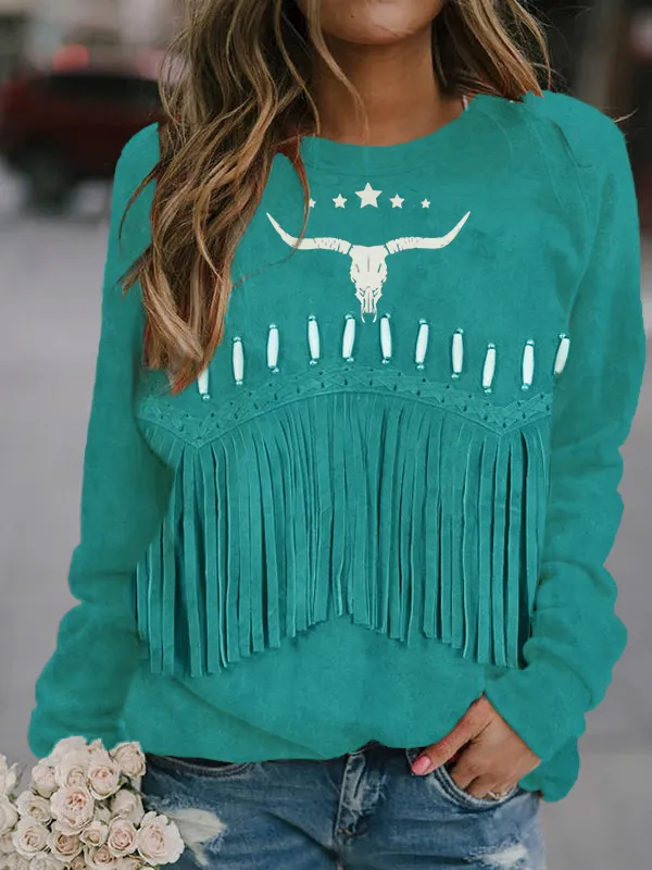 Vintage Western Fringe & Bull Skull Art Sweatshirt