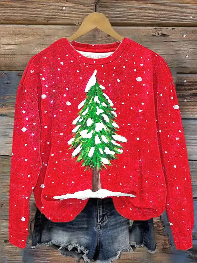 Women's snowy Christmas tree print sweatshirt