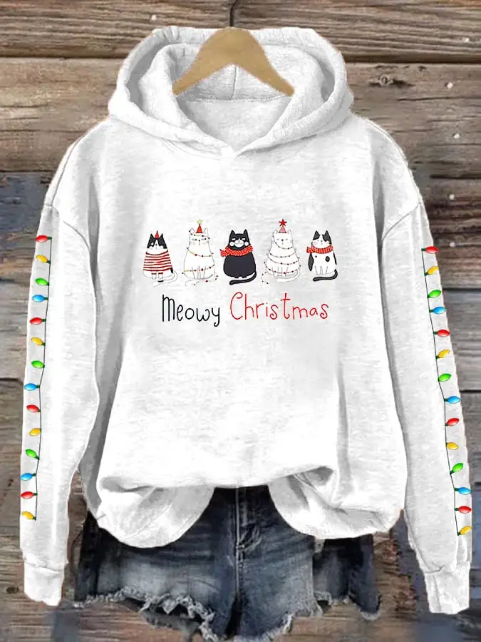 Women's Meowy Christmas Merry Christmas Cat Lover Lantern Printing Casual Hoodie