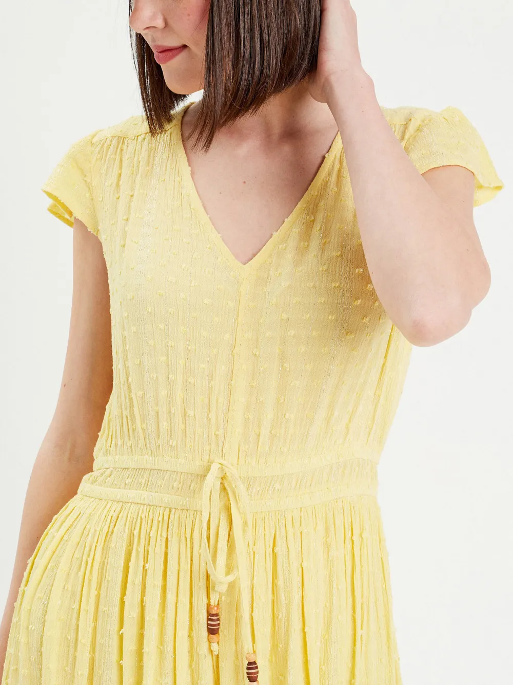 Robe longue évasée col en V jaune clair femme