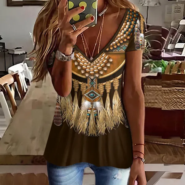 Vintage Western Print V-Neck Short Sleeved T-Shirt