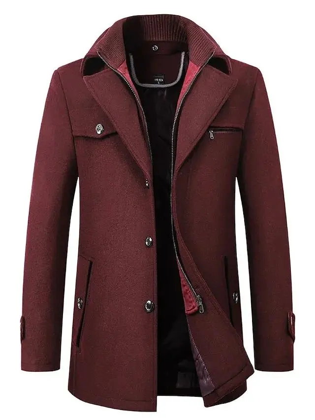 Men's Winter Coat Wool Coat Overcoat Business WorkWear Winter Wool Windproof Warm Outerwear Clothing Apparel Basic Essential Solid Colored Turndown