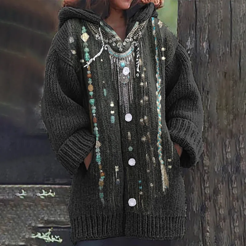 Western Vintage Tribal Tassels Cozy Hooded Cardigan