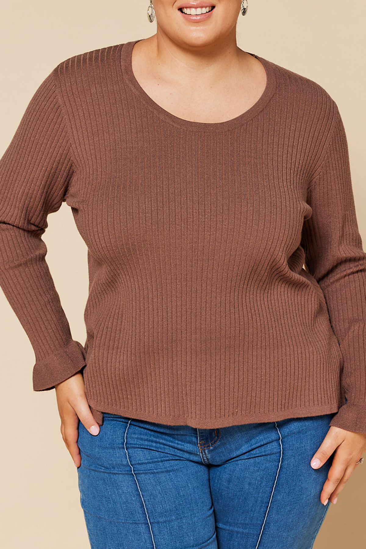 Long Sleeve Knitted Top In Cacao