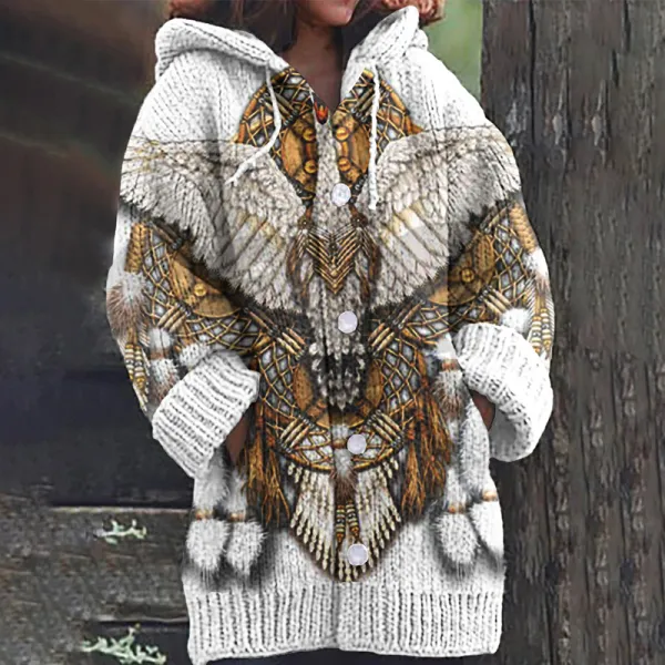 Women's Vintage Eagle Tassels Cozy Hooded Cardigan