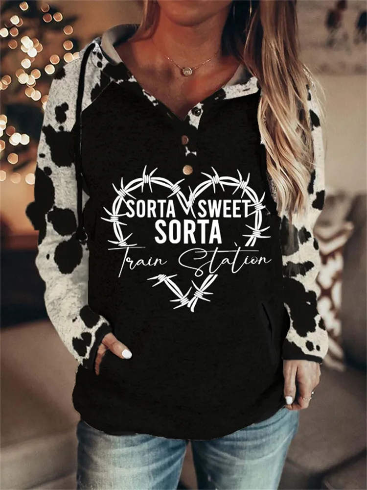 Sorta Sweet Sorta Train Station Cowhide Patchwork Hoodie