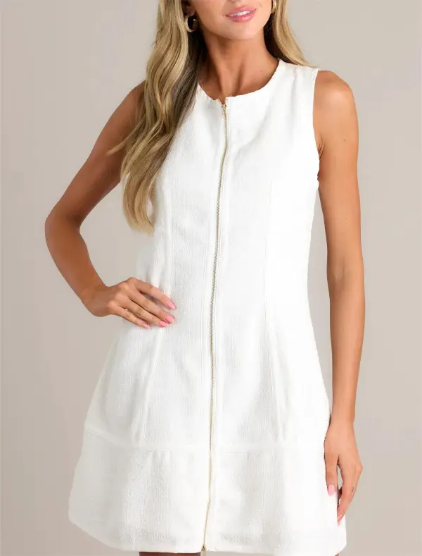 POSH PERFECTION IVORY TWEED ZIP FRONT MINI DRESS