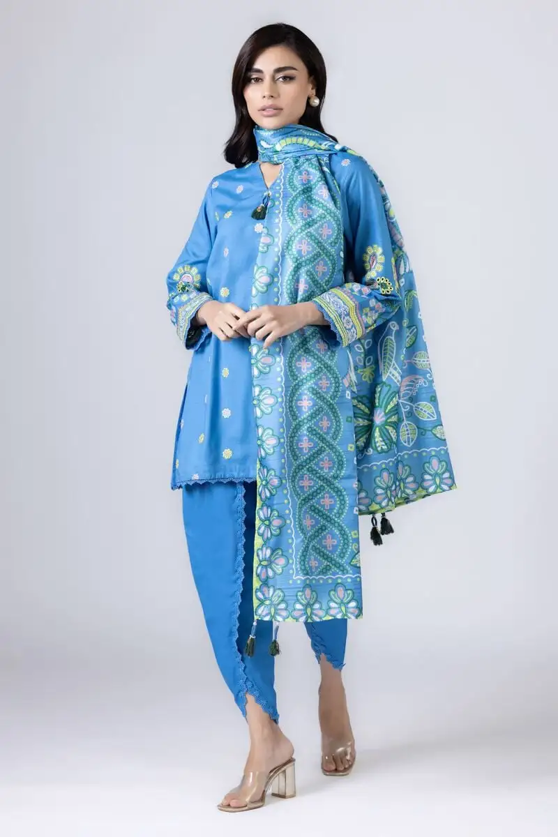 3 Piece Kurta Embroidered | Dupatta& Bottom & Tops | Color Blue