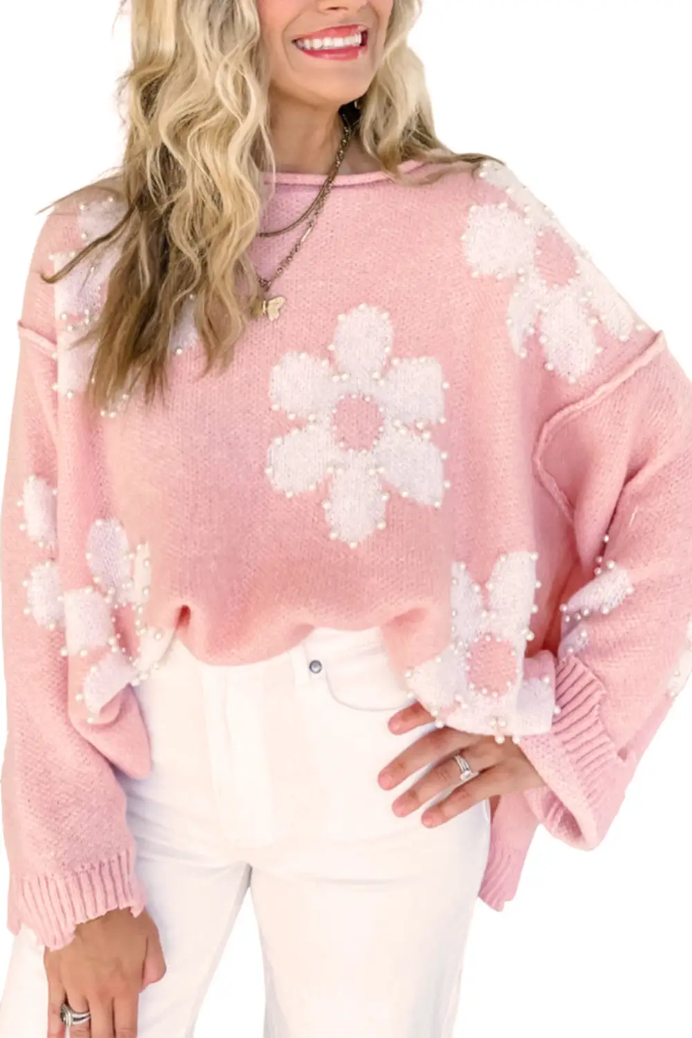 Pearl Beaded Floral Drop Shoulder Sweater