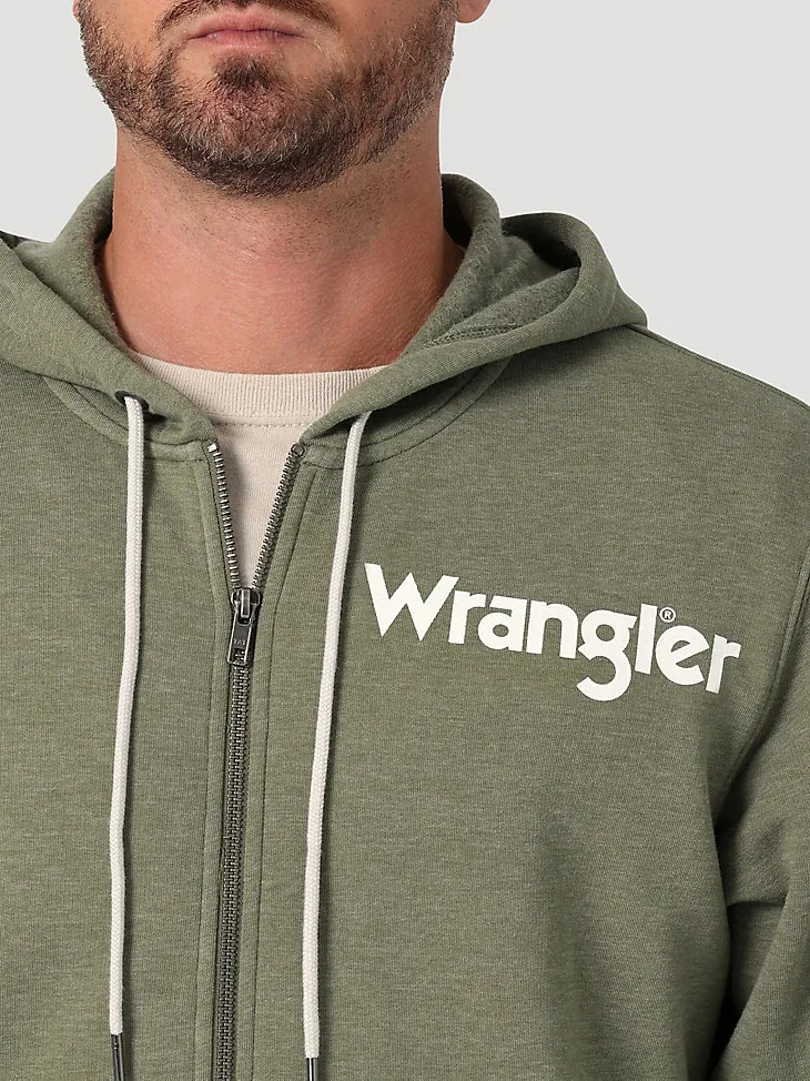 MEN'S WRANGLER LOGO SLEEVE FULL ZIP HOODIE IN LICHEN GREEN HEATHER