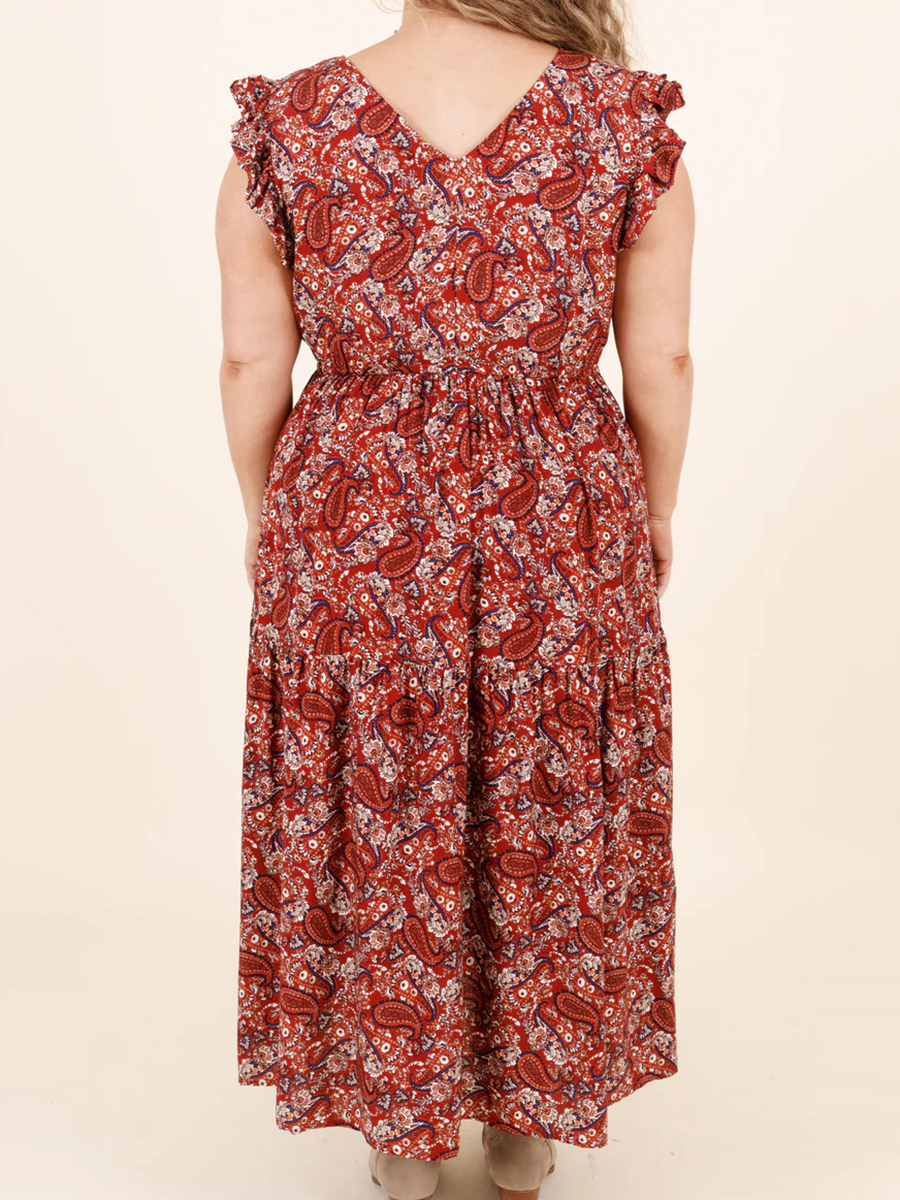 Ruffled Short Sleeve Cashew Nut Print Long Dress