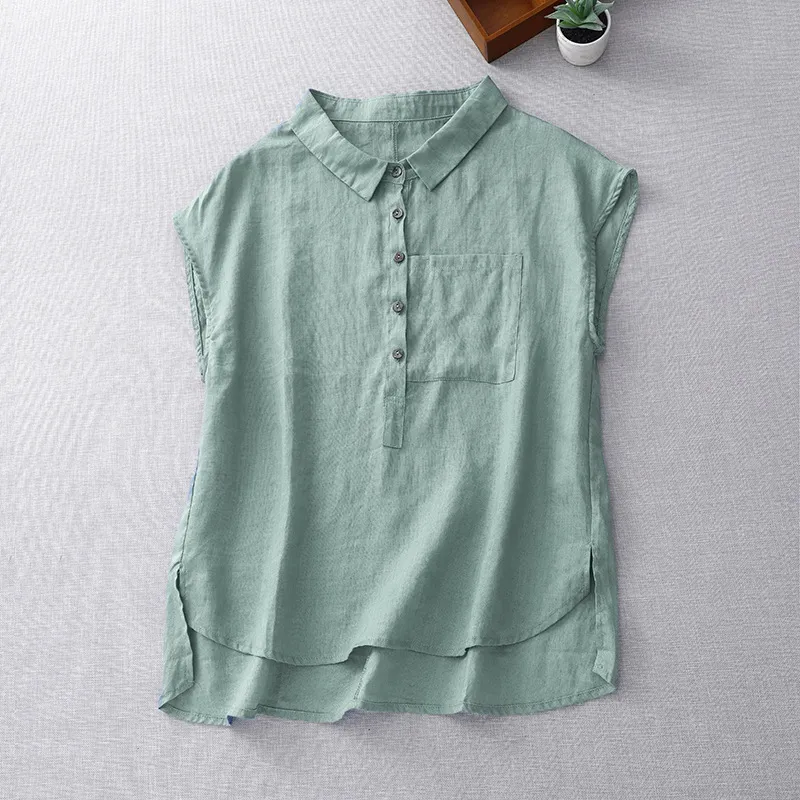 Mori Lapel Collar Drop Shoulder Sleeveless Cotton Linen Shirt