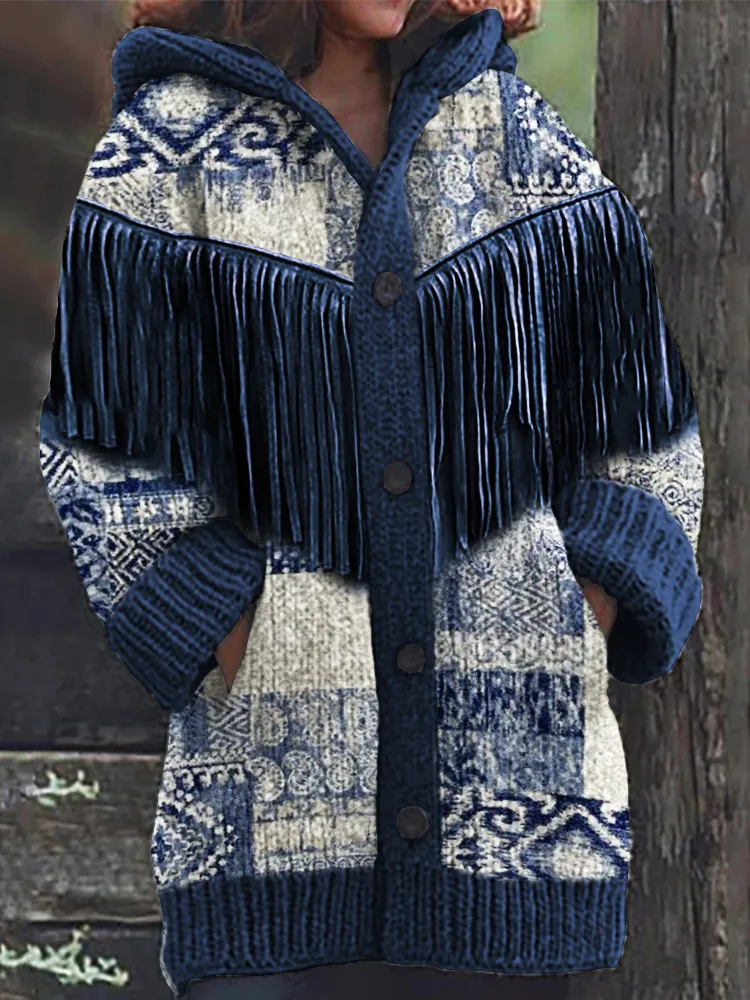 Ethnic Patchwork Pattern Tassels Contrast Color Knit Hooded Cardigan